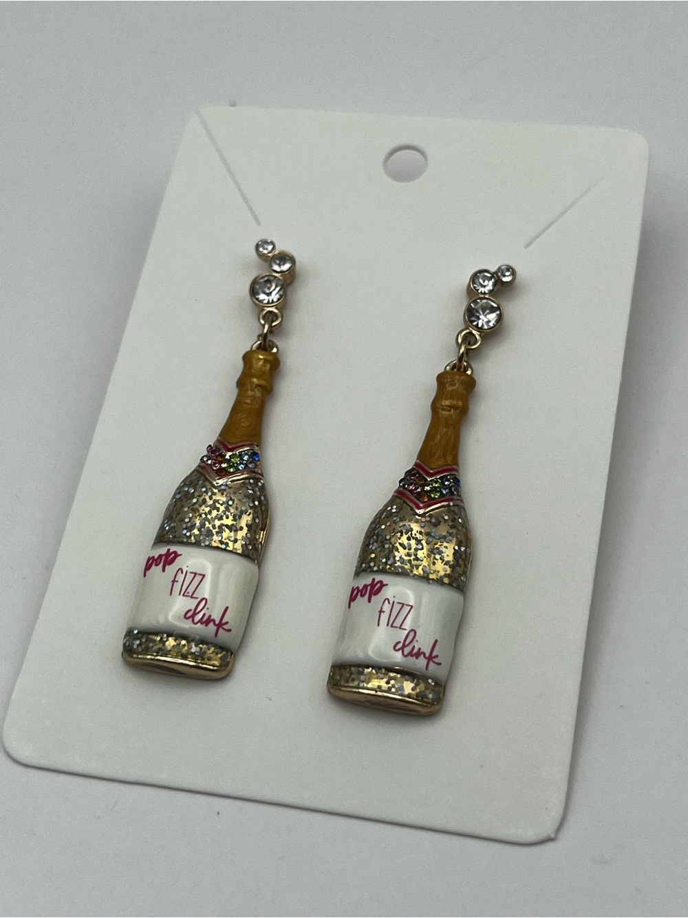 Champagne Bottle Dangle Earrings Glitter Pop Fizz Clink